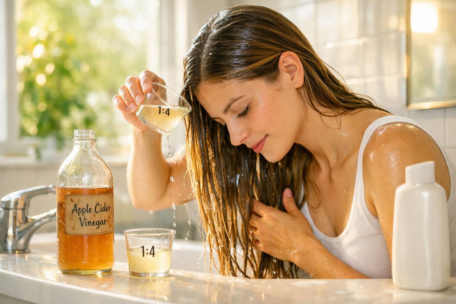 Mulher aplicando vinagre de maçã diluído nos cabelos em frente à pia do banheiro.