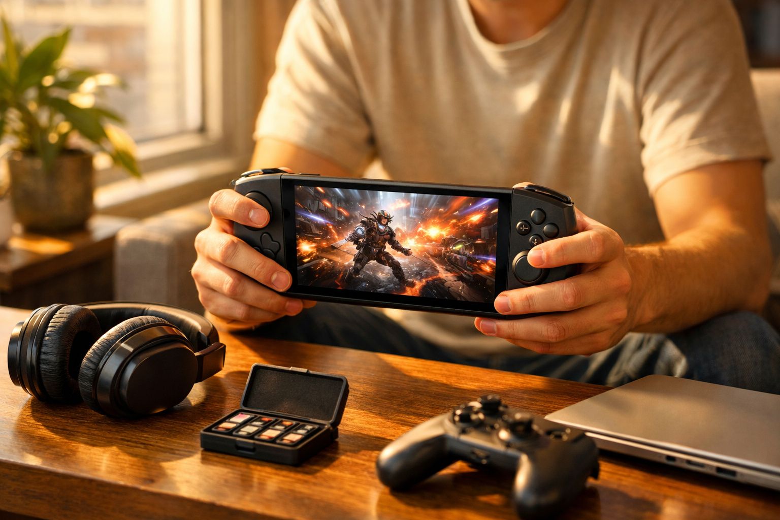 Pessoa segurando console portátil jogando jogo de ação, com fones, controles e notebook sobre mesa de madeira.