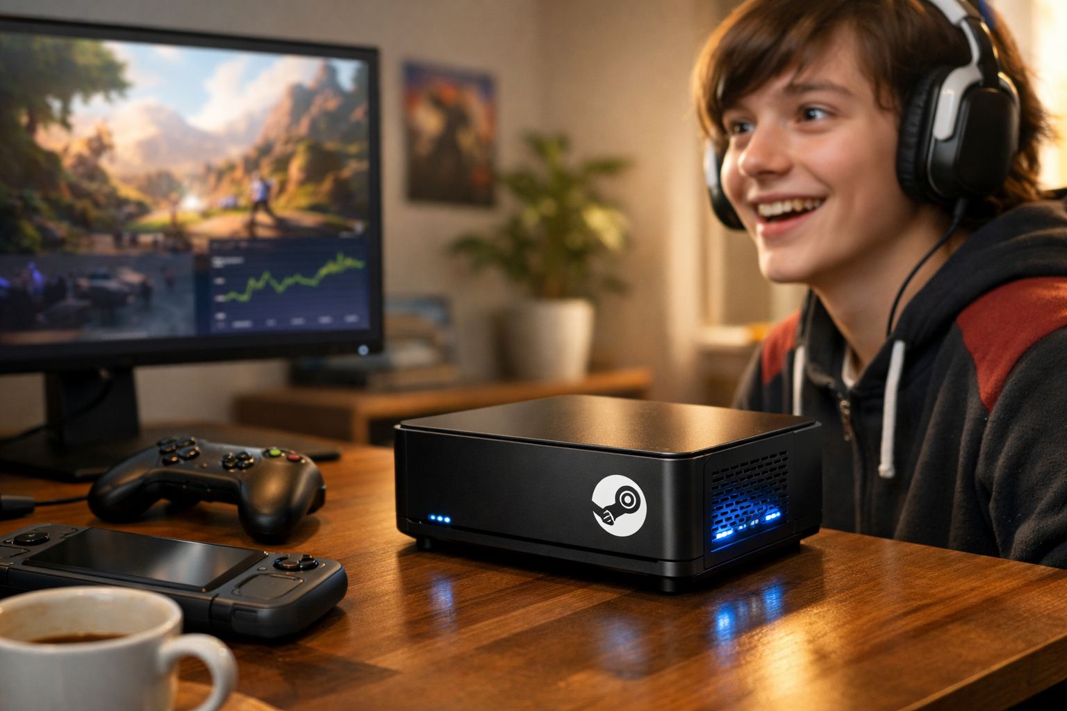 Jovem sorridente usando fone de ouvido jogando videogame com Steam Deck e PC compacto na mesa de madeira.