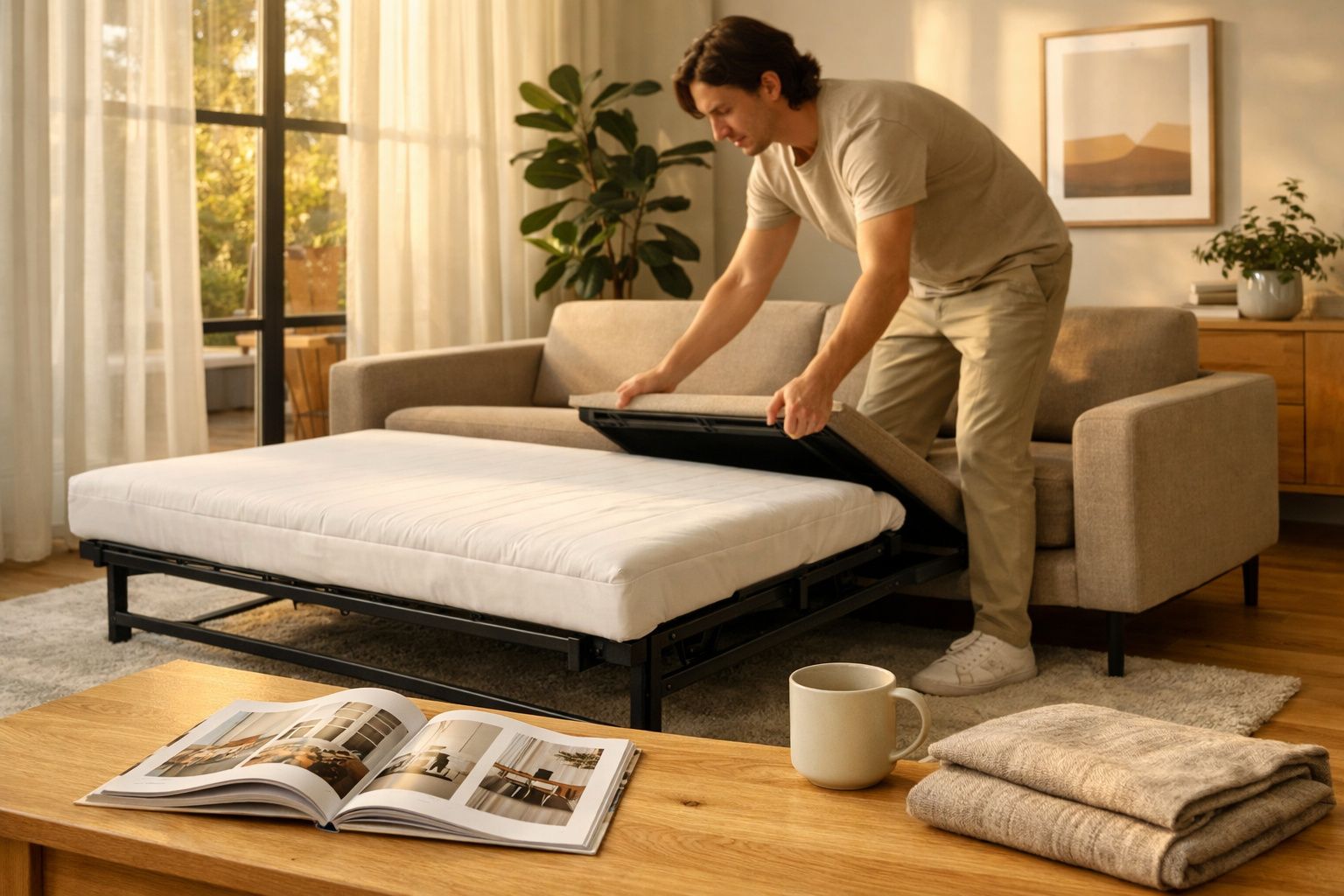 Homem abrindo sofá-cama branco em sala com mesa, livro, caneca e decoração aconchegante.