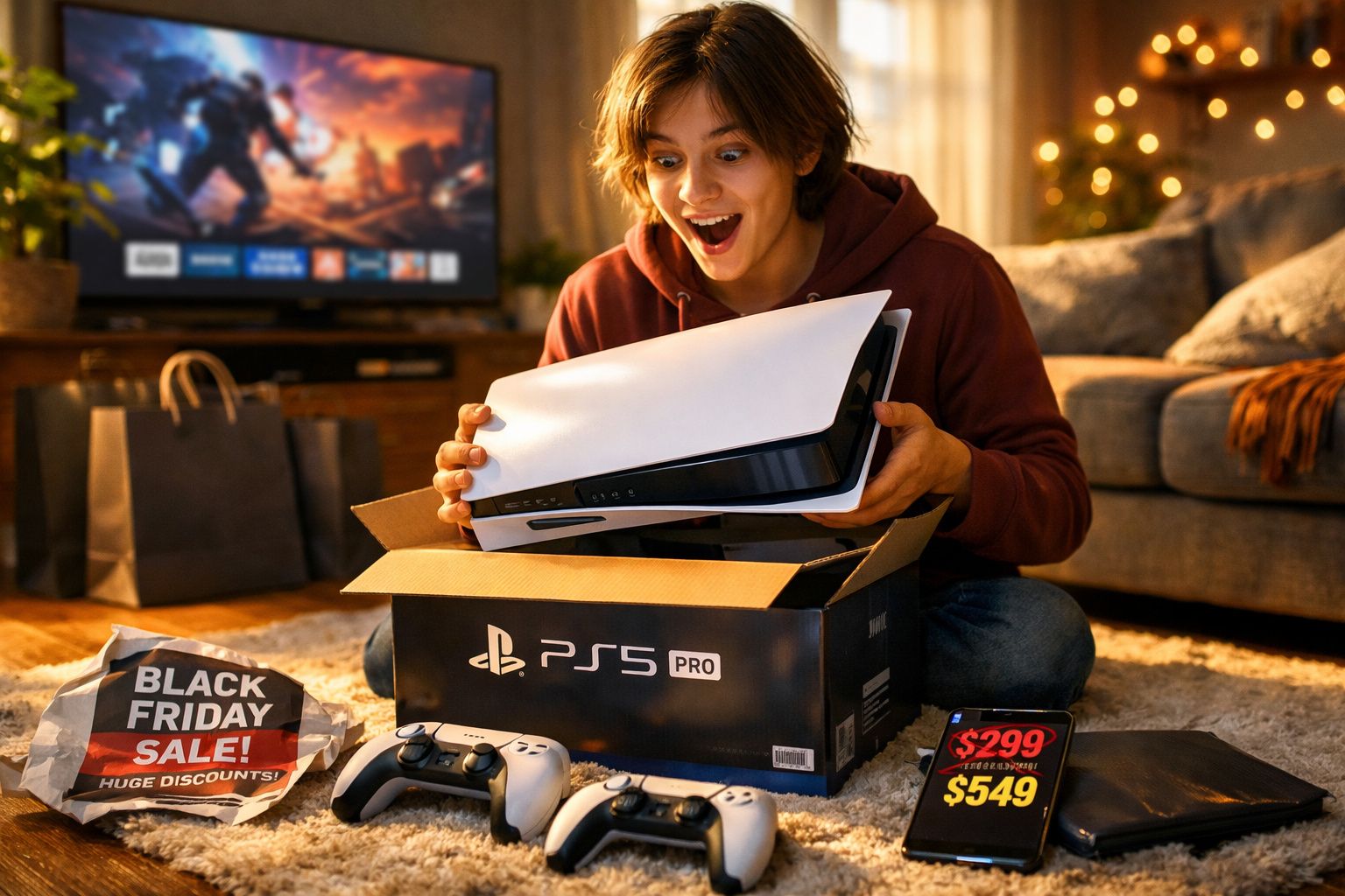 Pessoa feliz desembrulhando console PlayStation 5 Pro novo em sala decorada com luzes.