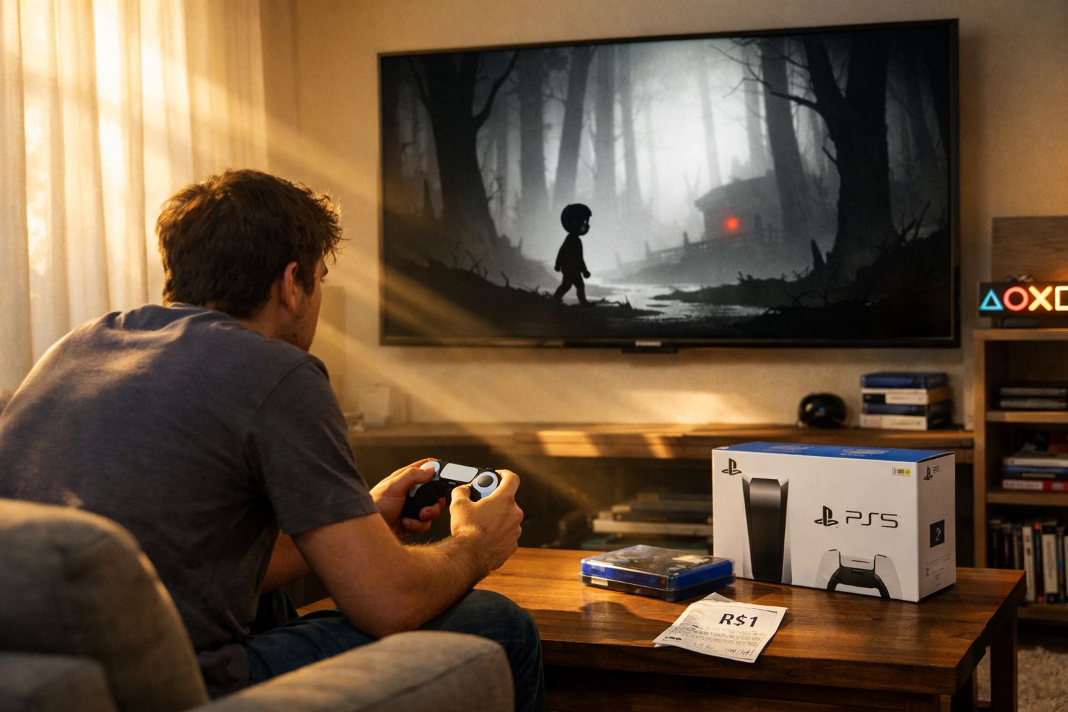 Homem jogando videogame em sala com caixa de PS5 e controle na mão, tela com jogo sombrio.