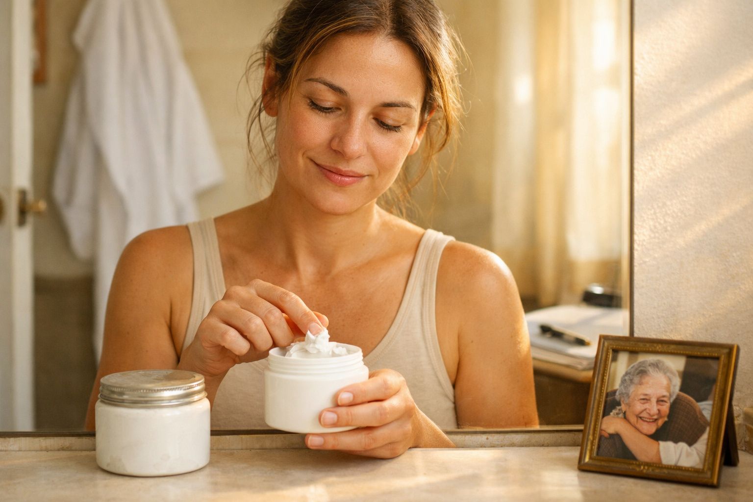 Mulher sorrindo aplica creme hidratante em frente ao espelho em um ambiente iluminado e acolhedor.