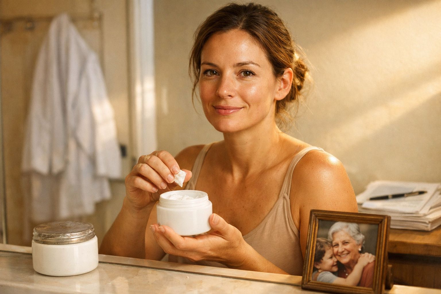 Mulher sorridente aplicando creme em casa com foto de idosos ao fundo e luz natural entrando pela janela.