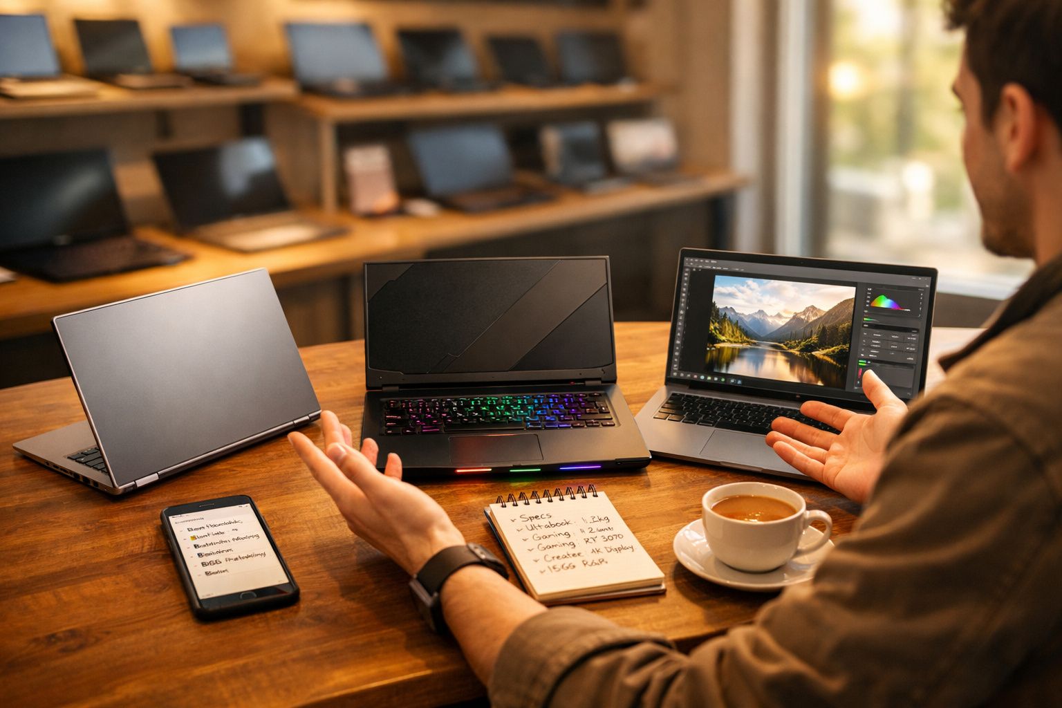 Pessoa sentada em mesa com três notebooks, celular, caderno com anotações e uma xícara de café.