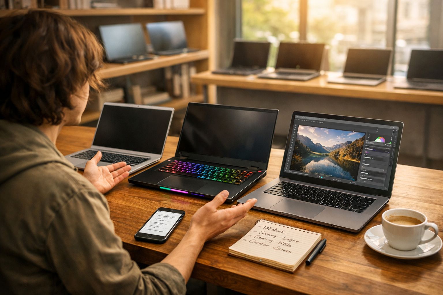 Pessoa sentada à mesa com três notebooks, celular, caderno e xícara de café, trabalhando em edição de foto.