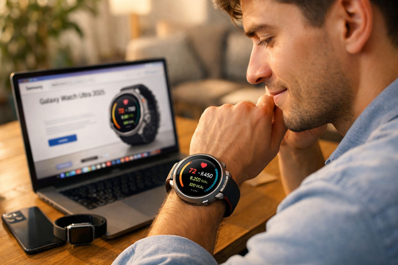 Homem olhando relógio esportivo Galaxy Watch Ultra no pulso enquanto vê site do produto no laptop.