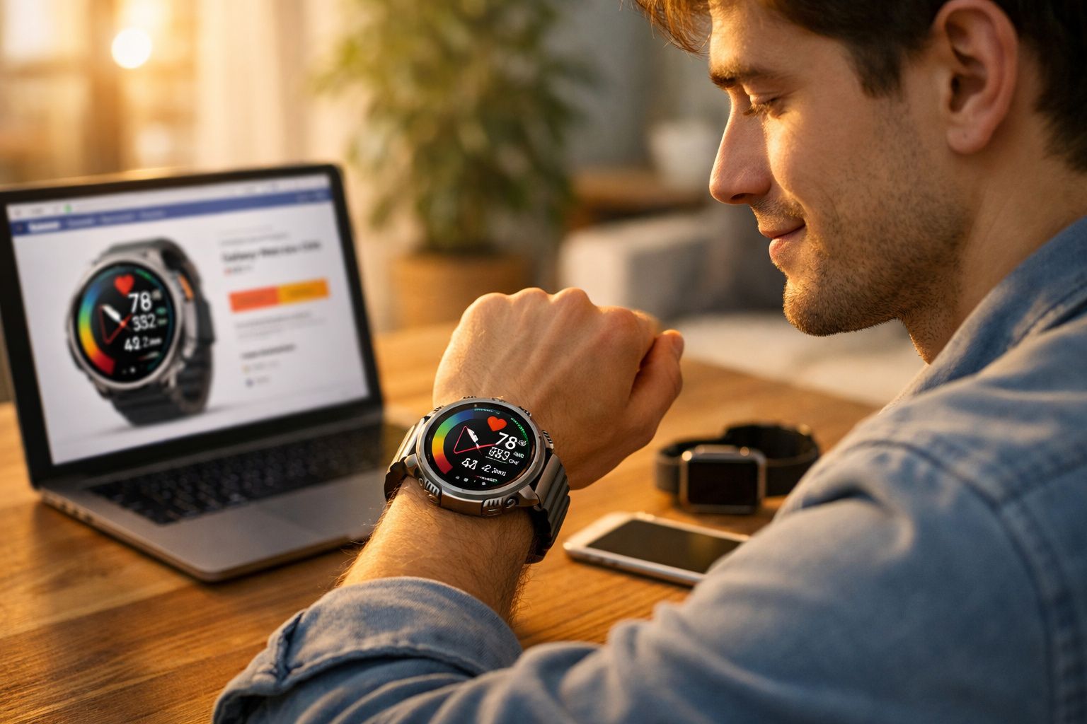 Homem conferindo smartwatch com pulseira cinza enquanto pesquisa o mesmo relógio em notebook.