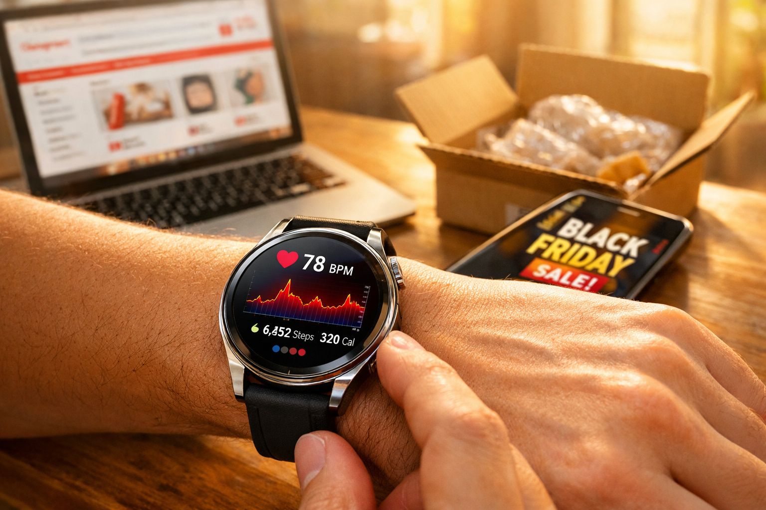 Pessoa usando relógio inteligente que mostra batimentos cardíacos e passos, com celular e laptop ao fundo.