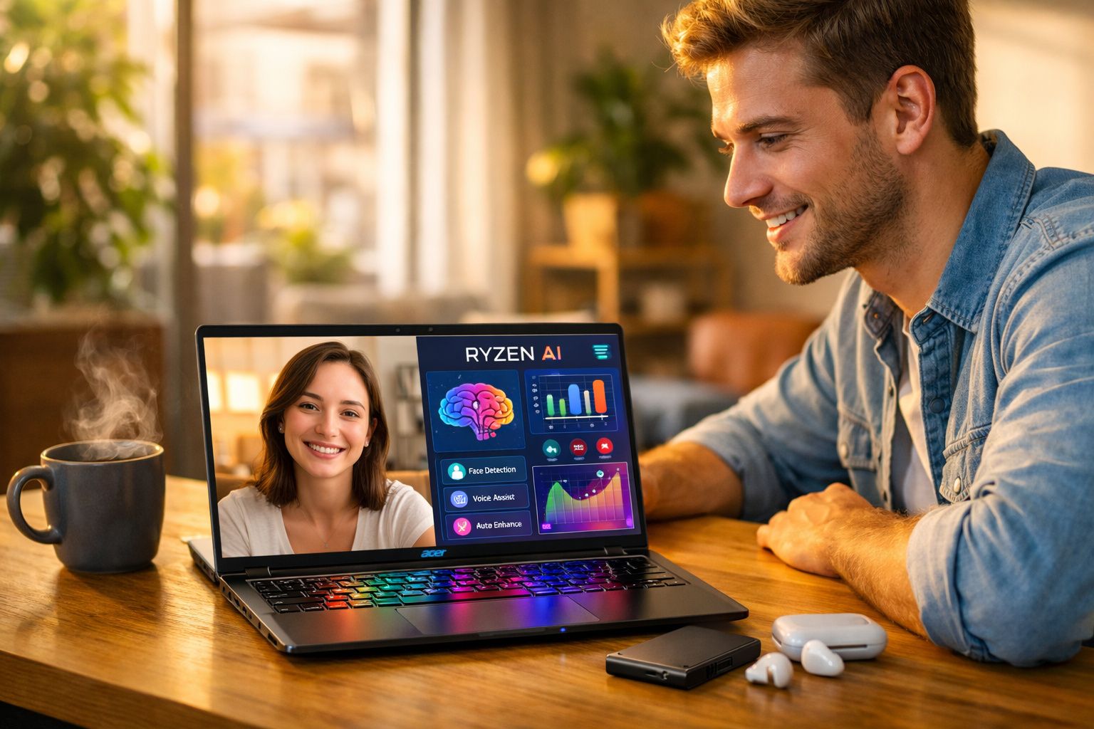 Homem sorridente usando laptop com videochamada e gráficos de inteligência artificial na tela.
