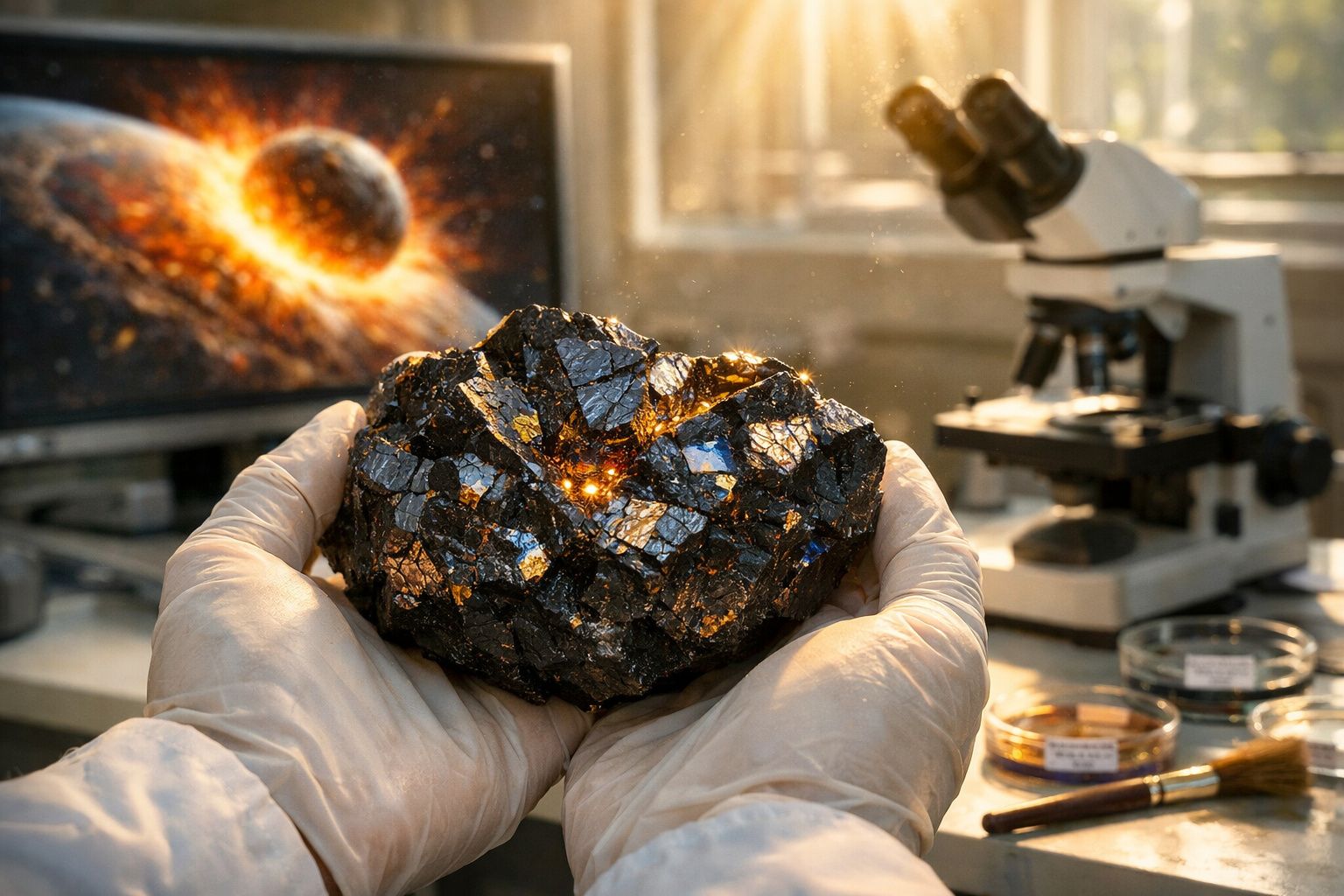 Mãos com luvas seguram uma rocha brilhante em laboratório com microscópio e meteorito em imagem ao fundo.