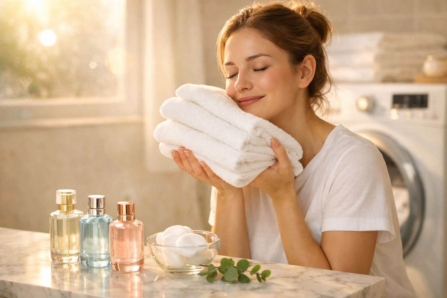 Mulher com expressão de prazer segurando toalhas brancas macias em ambiente iluminado de lavanderia.