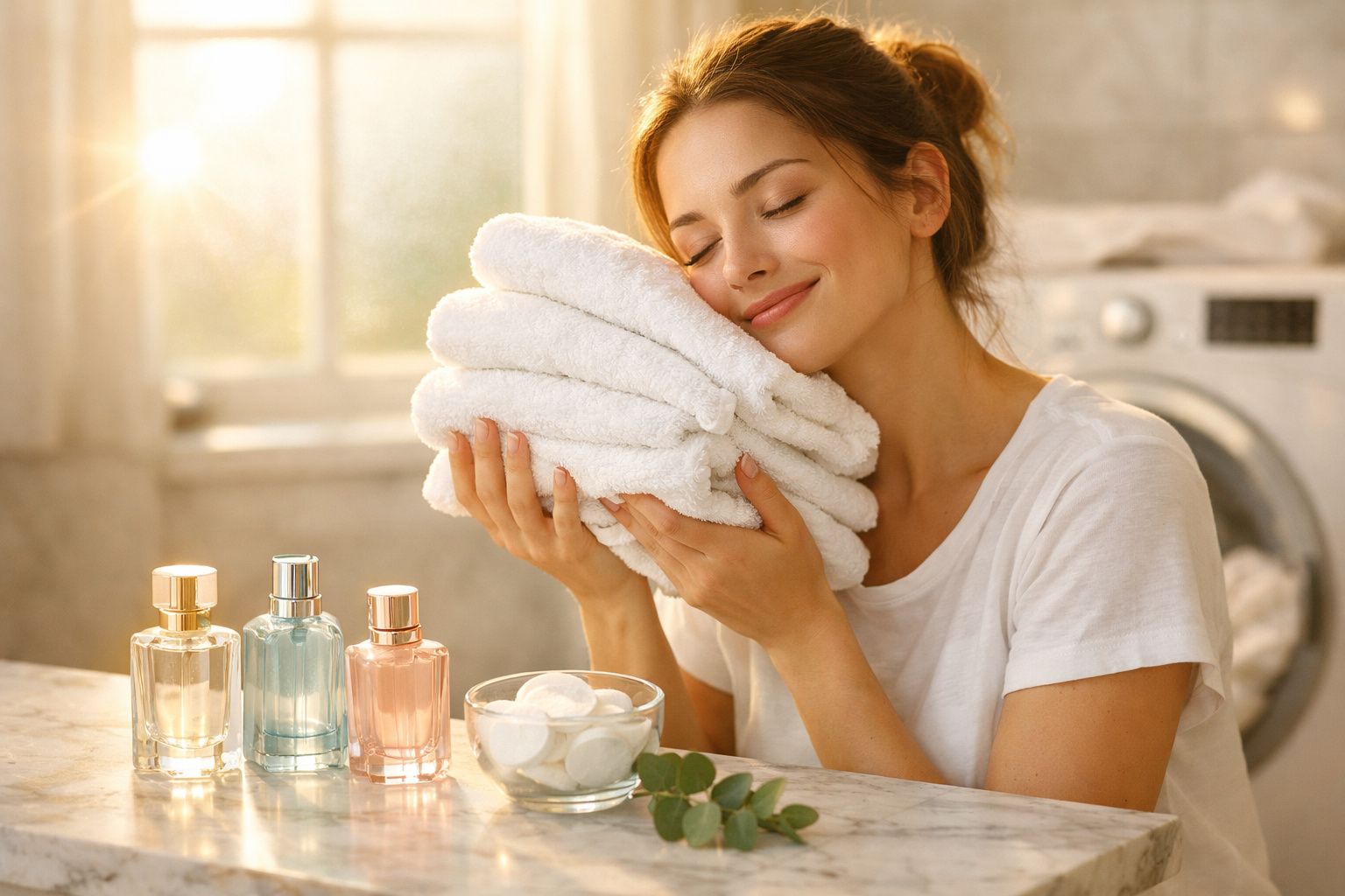 Mulher feliz segurando toalhas brancas macias cheirando-as em lavanderia iluminada.