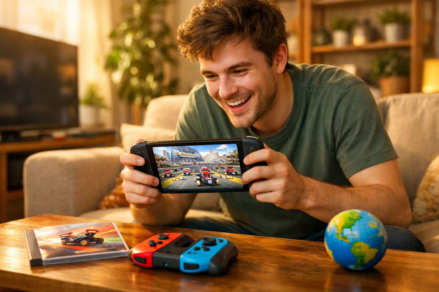 Jovem sorridente jogando videogame portátil com controle em mesa, sala iluminada e globo ao lado.