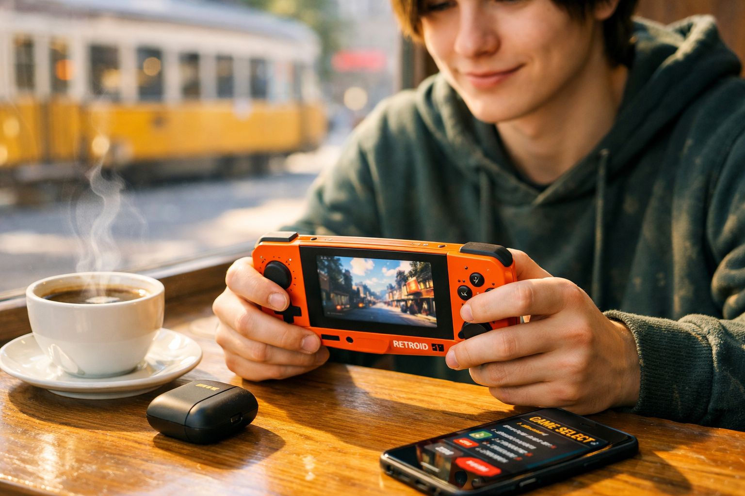 Pessoa segurando console portátil vermelho enquanto joga, com café e fones na mesa de madeira.