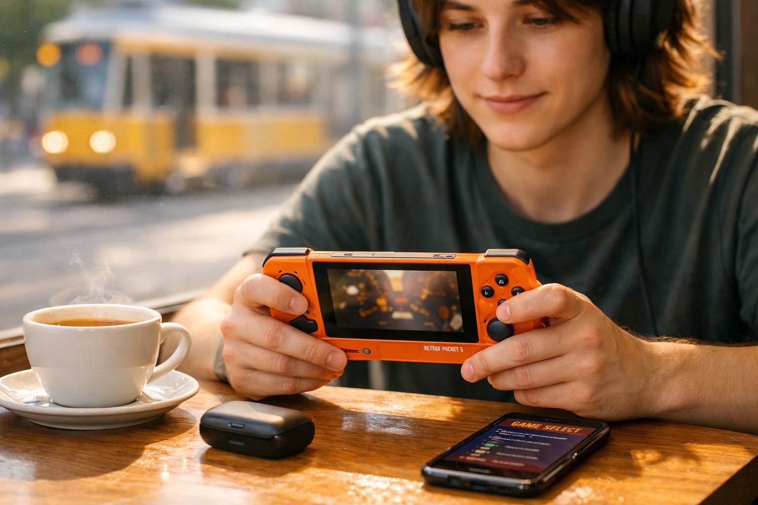Pessoa jogando em console portátil laranja, com fone, copo de café e celular na mesa de madeira.