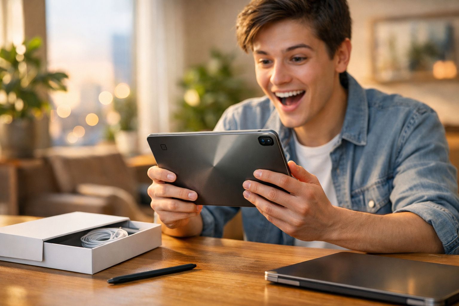 Jovem sorridente usando tablet em ambiente interno, com caixa aberta e acessórios sobre a mesa.