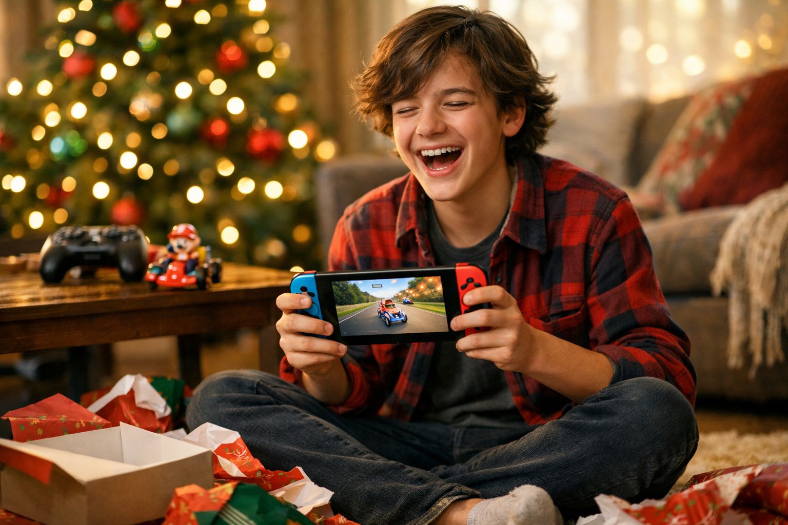 Adolescente sorrindo enquanto joga videogame portátil próximo à árvore de Natal decorada.