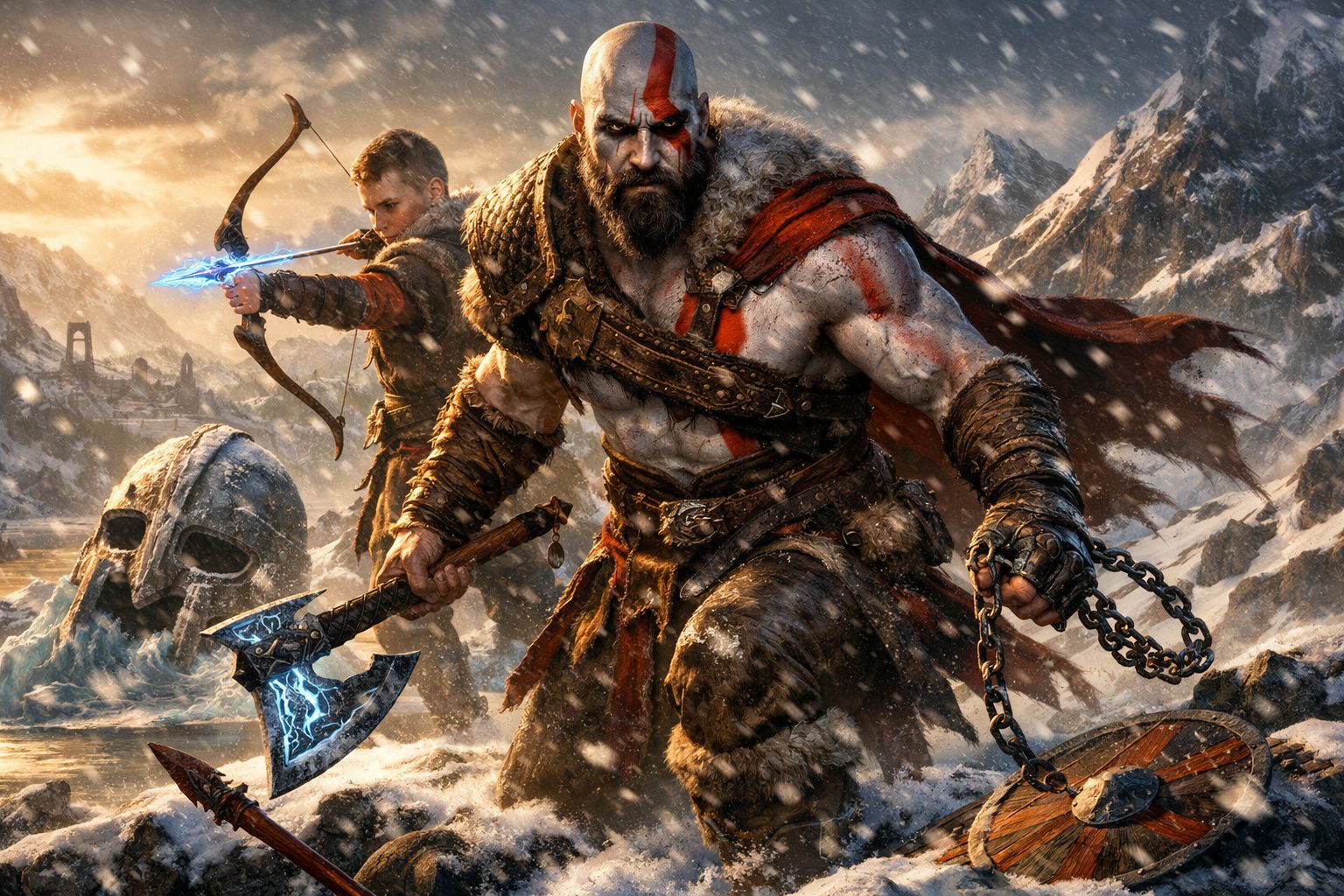Dois guerreiros nórdicos em cenário nevado, um com machado e outro com arco e flecha luminosos.