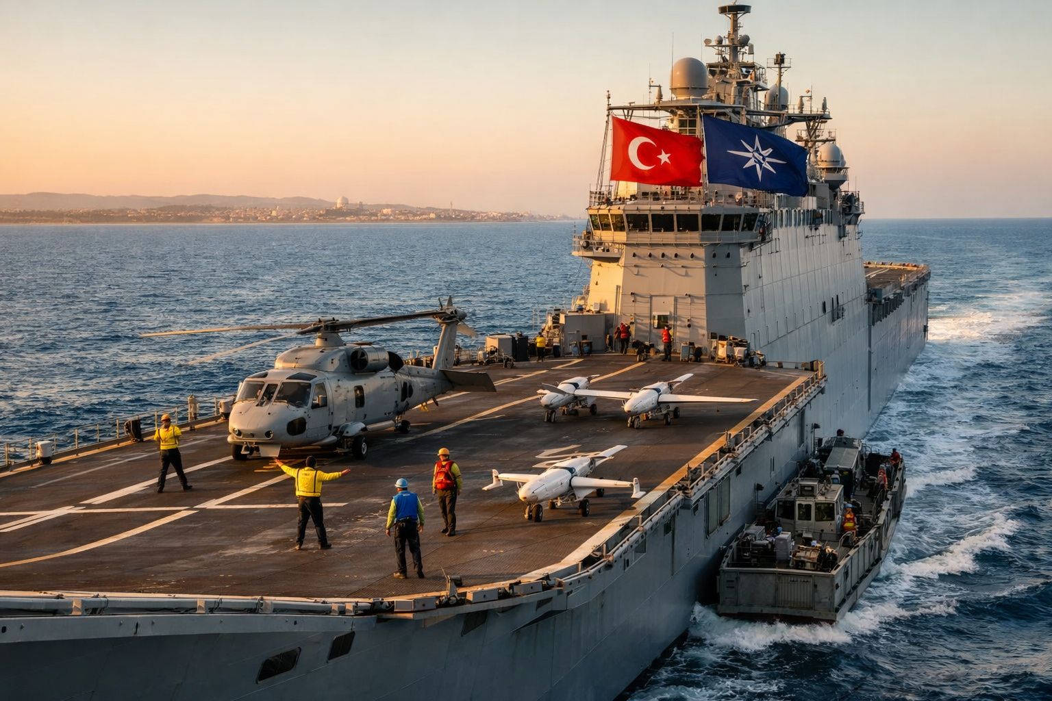 Porta-helicópteros turco no mar com drones e helicóptero na plataforma, tripulação realizando operações.