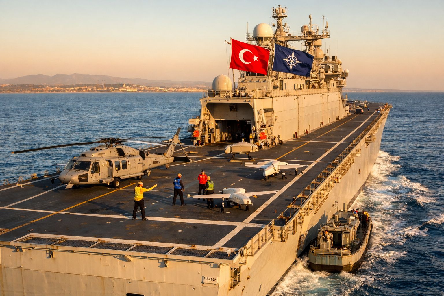 Navio militar da Turquia com bandeiras da Turquia e OTAN, hélicéptero e drones no convés ao pôr do sol.