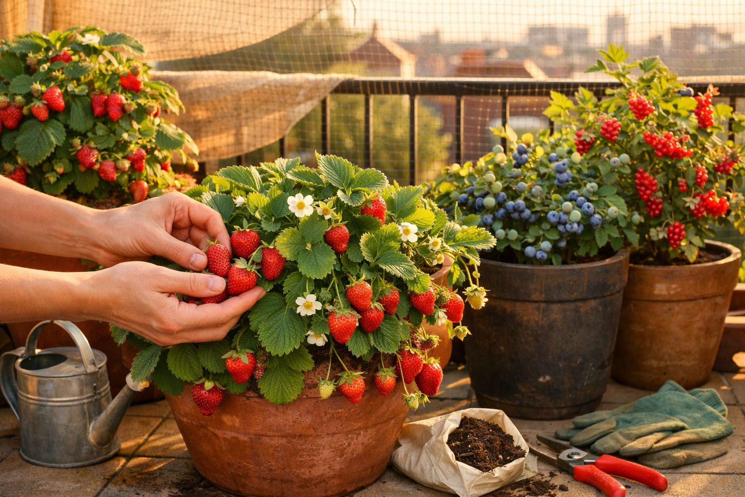 Pessoa colhendo morangos vermelhos em vaso na varanda com outras plantas frutíferas.