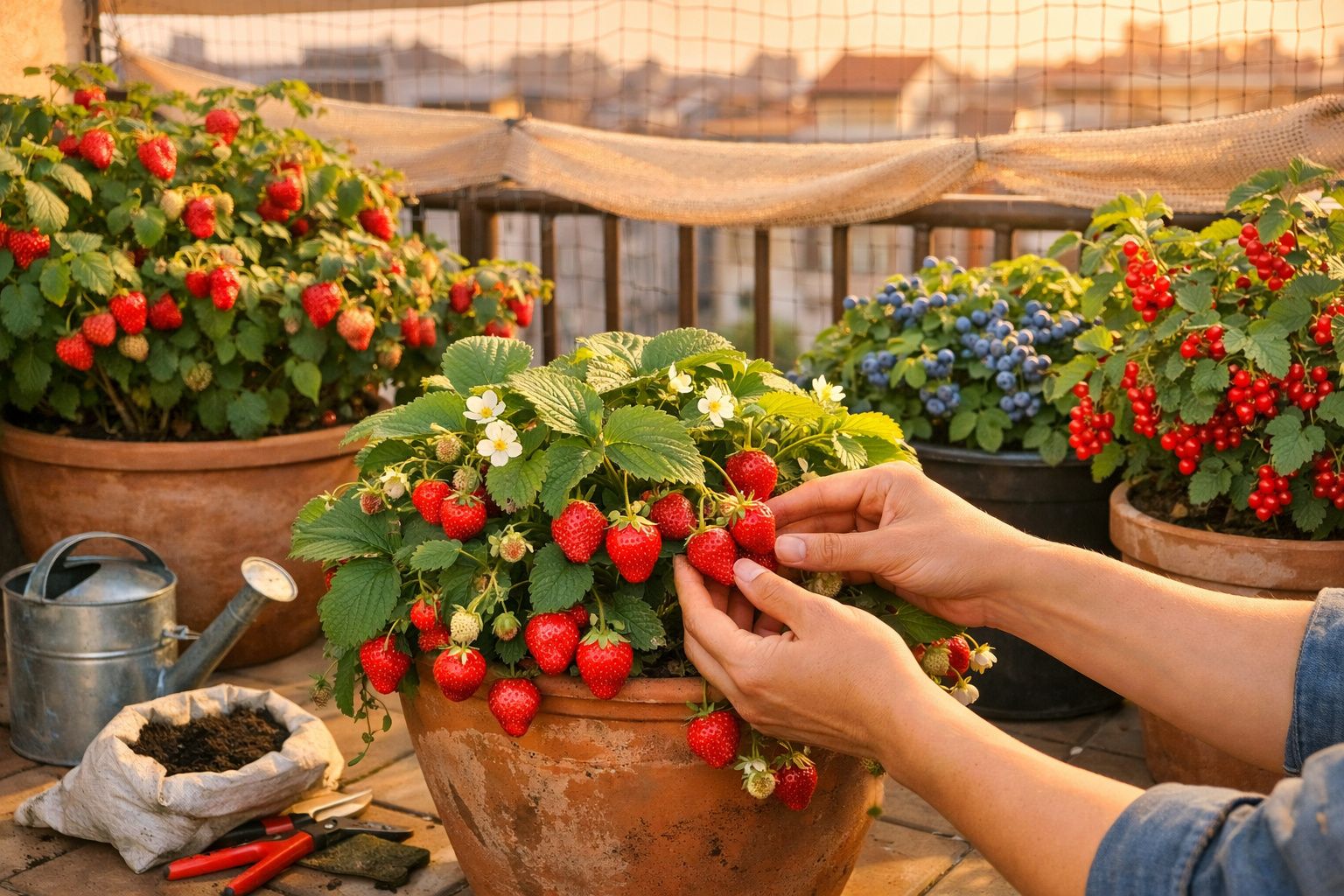 Pessoa colhendo morangos maduros em vasos de barro em um jardim externo ensolarado.