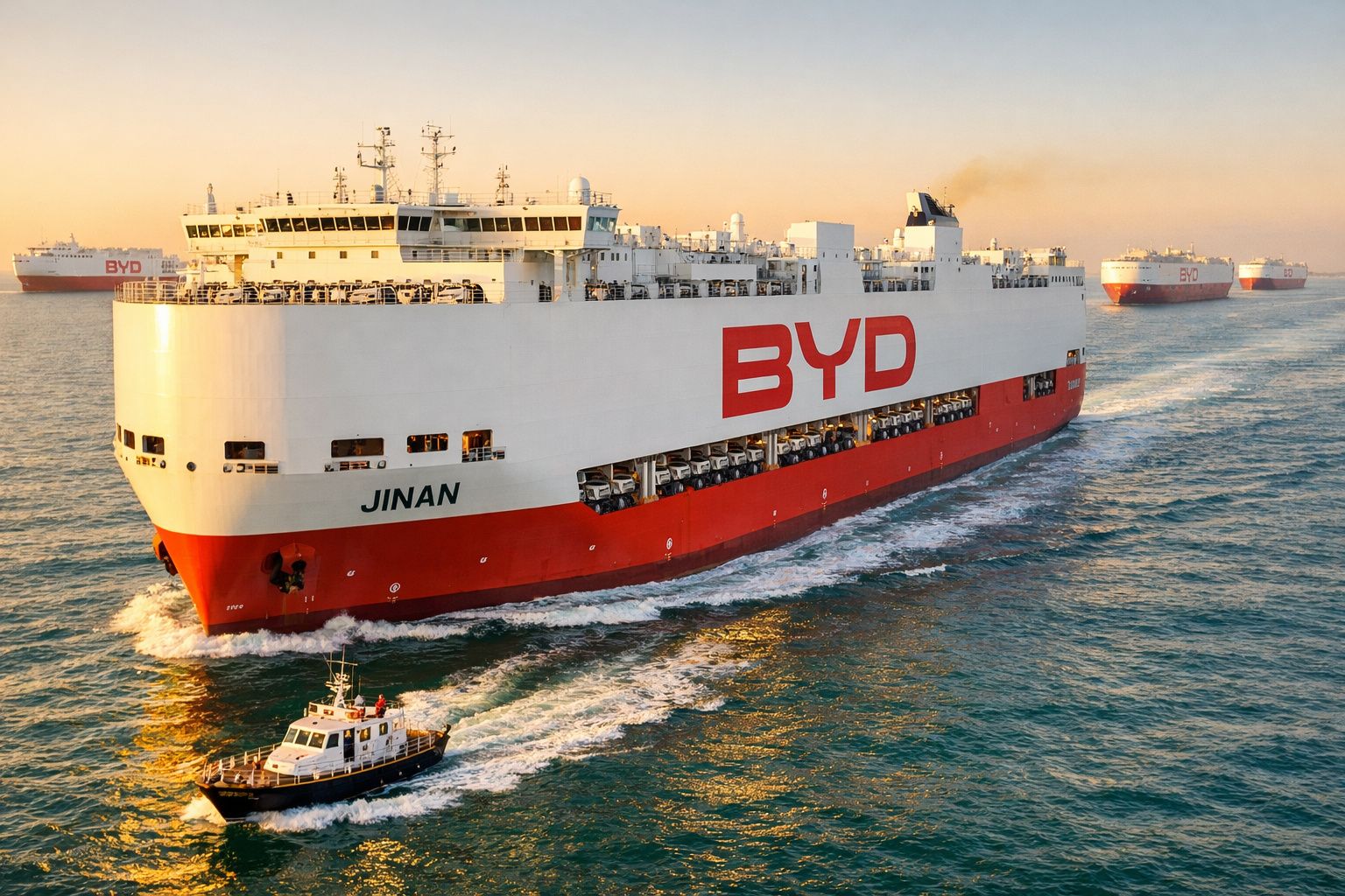 Navio cargueiro branco e vermelho com a inscrição BYD navegando em mar calmo ao entardecer.