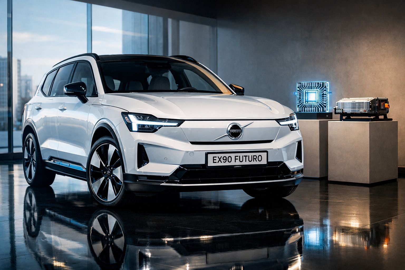 Carro elétrico branco Volvo EX90 Futuro exposto em ambiente moderno com teto de vidro e objetos tecnológicos ao lado.