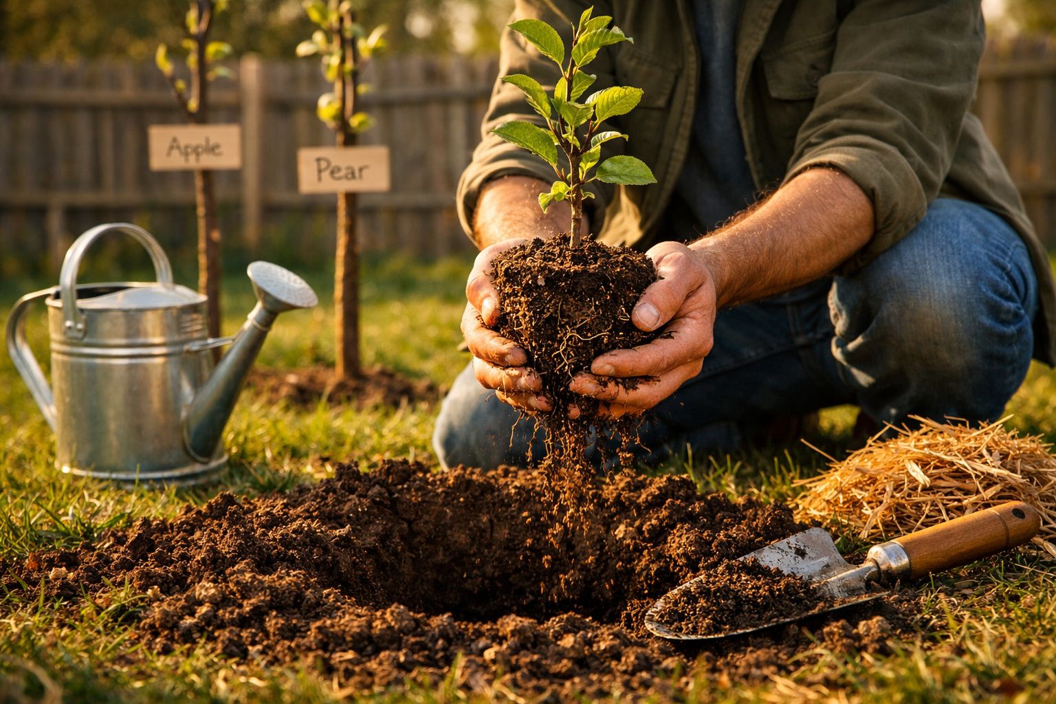 Pessoa plantando muda em solo com regador, pá e placas identificando macieira e pereira ao fundo.