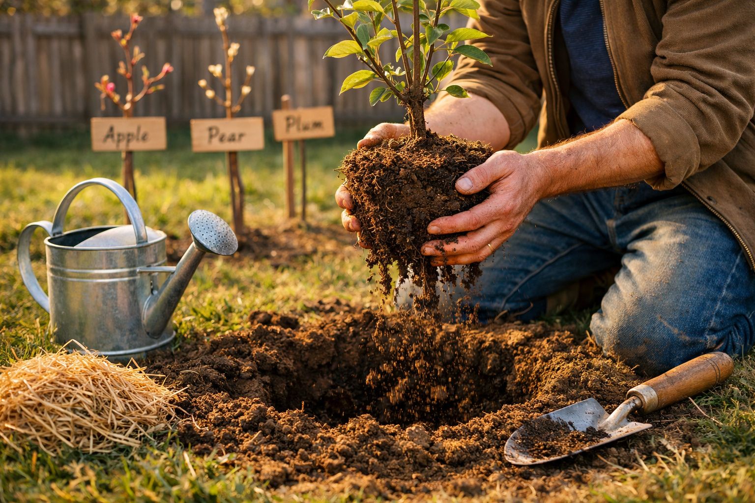 Pessoa plantando muda de árvore em buraco no solo com regador, pá e plaquinhas de frutas ao fundo.