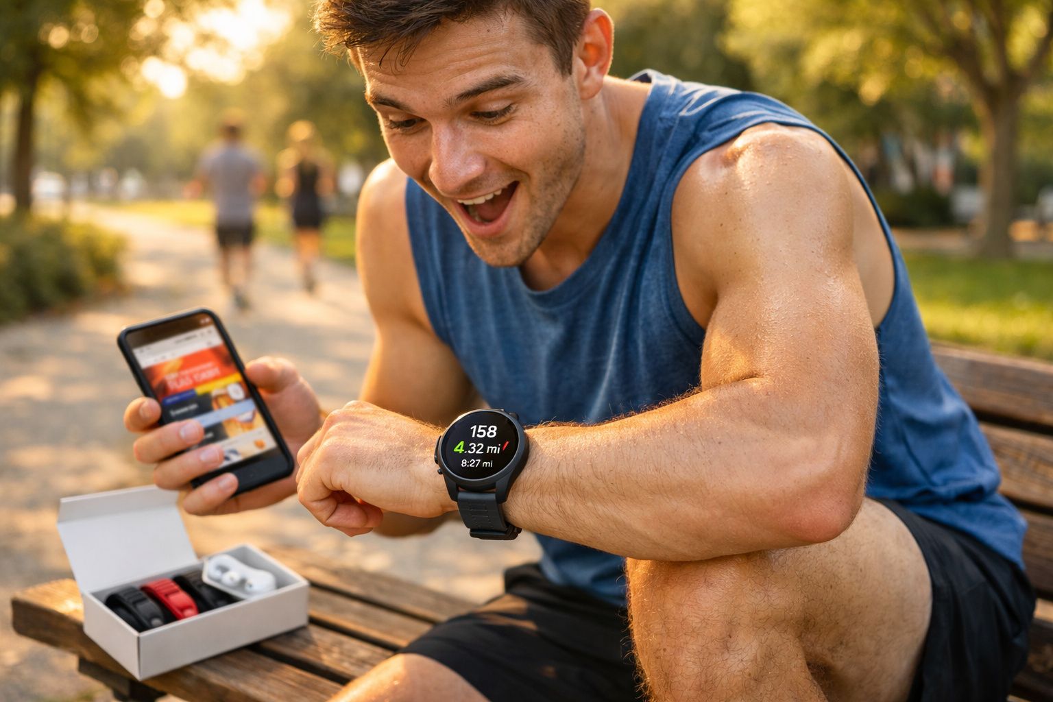 Homem sorridente verifica dados da corrida no relógio esportivo enquanto segura smartphone em banco de parque.