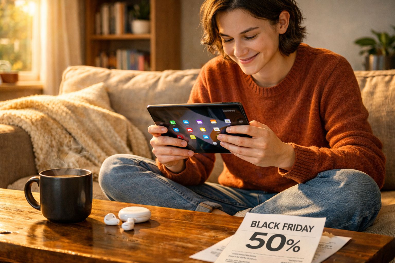 Pessoa sorrindo usando tablet sentada no sofá com xícara de café, fones de ouvido e folheto de Black Friday.