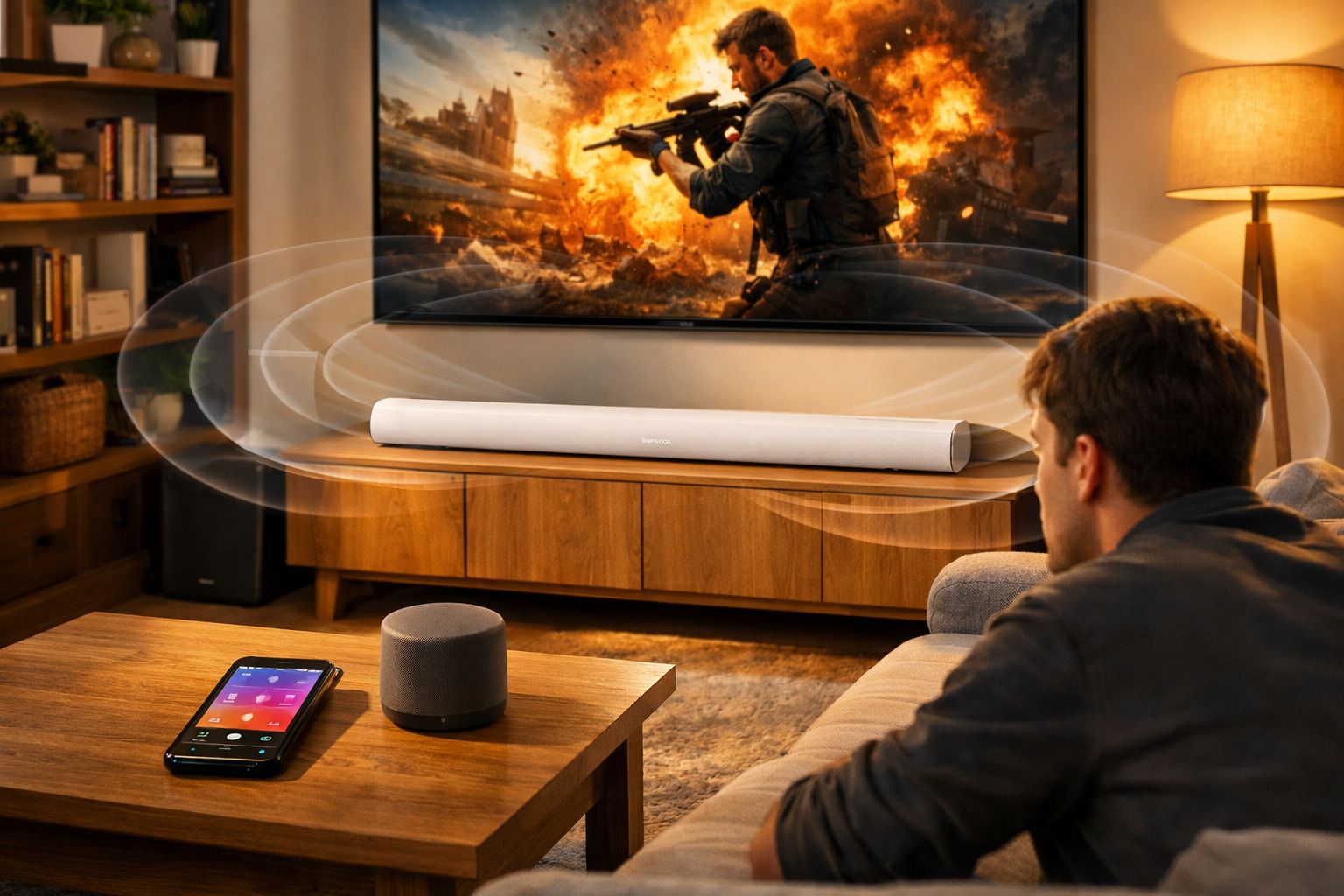 Homem assistindo filme de ação em TV com soundbar e caixa de som em sala de estar moderna.