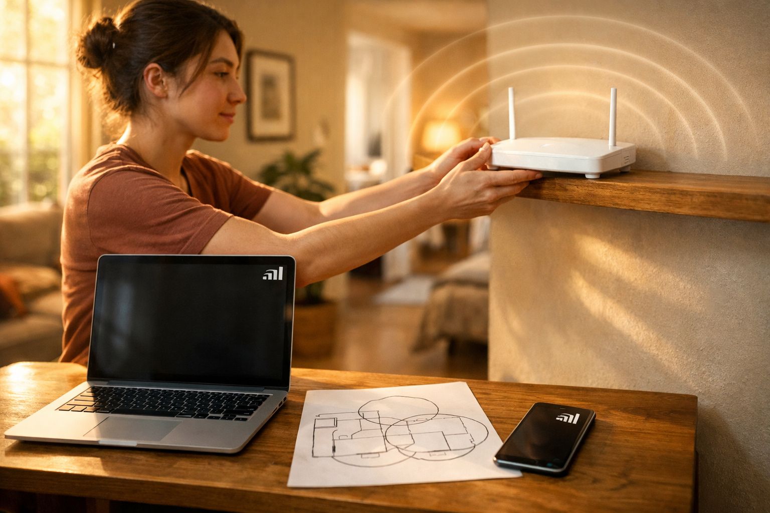 Mulher ajustando roteador Wi-Fi em prateleira com laptop, celular e plantas ao fundo.