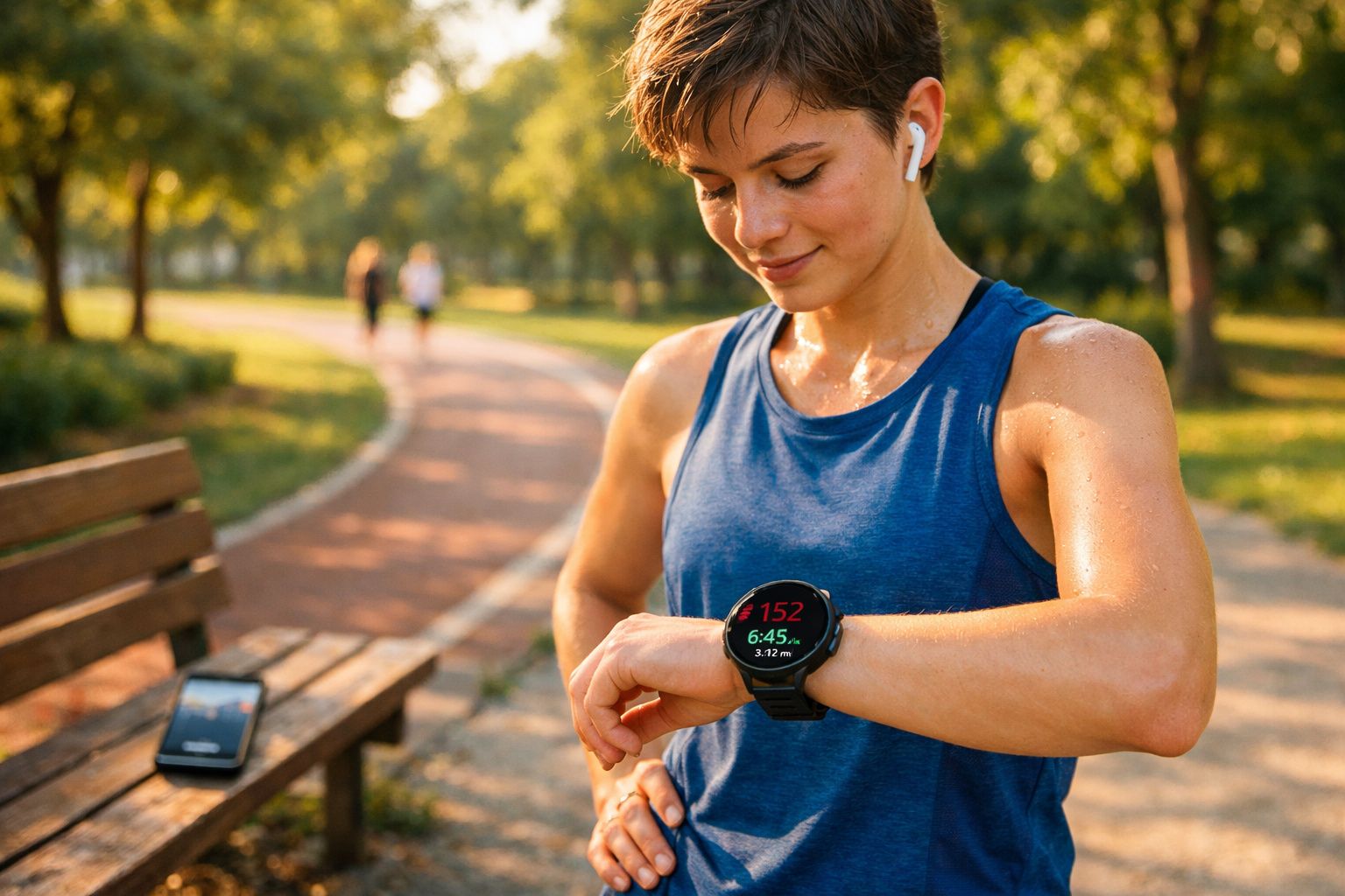 Pessoa com roupa esportiva olhando para relógio inteligente enquanto está em parque ensolarado.