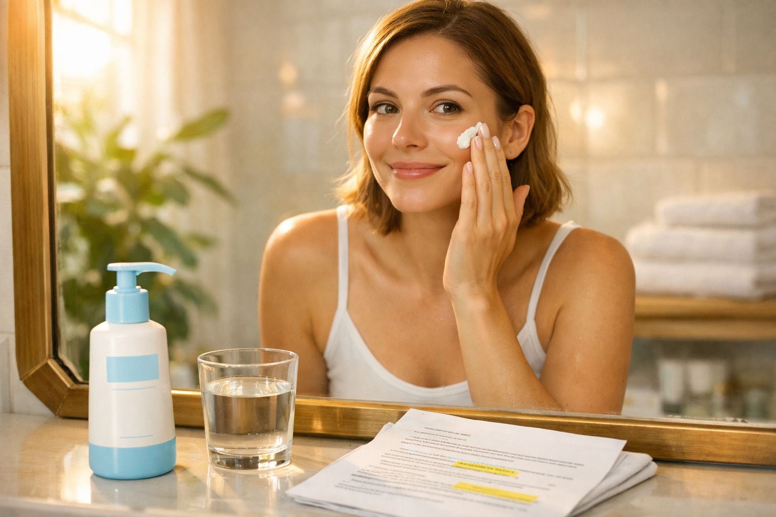Mulher sorridente aplicando creme no rosto em frente ao espelho no banheiro iluminado.
