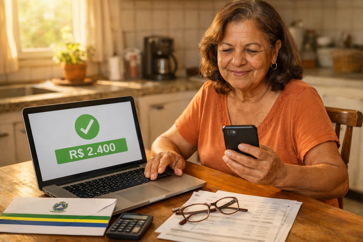 Mulher sorridente conferindo pagamento de R$ 2.400 no celular, com laptop e documentos na mesa.