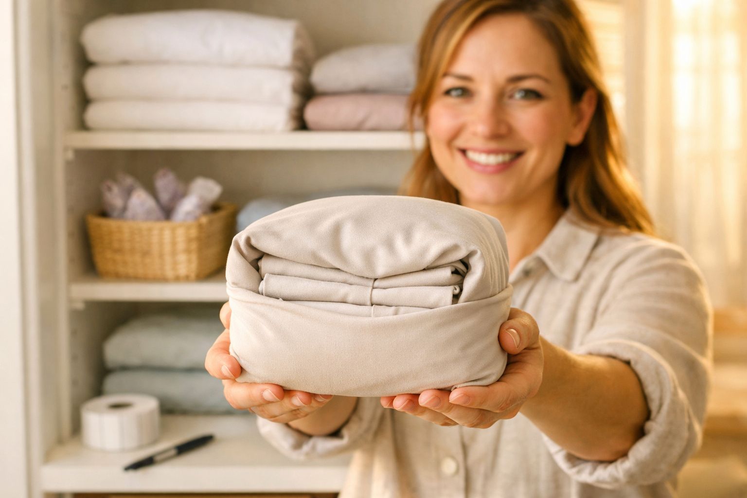 Mulher sorridente segurando roupa de cama dobrada em ambiente organizado com toalhas e cestos.