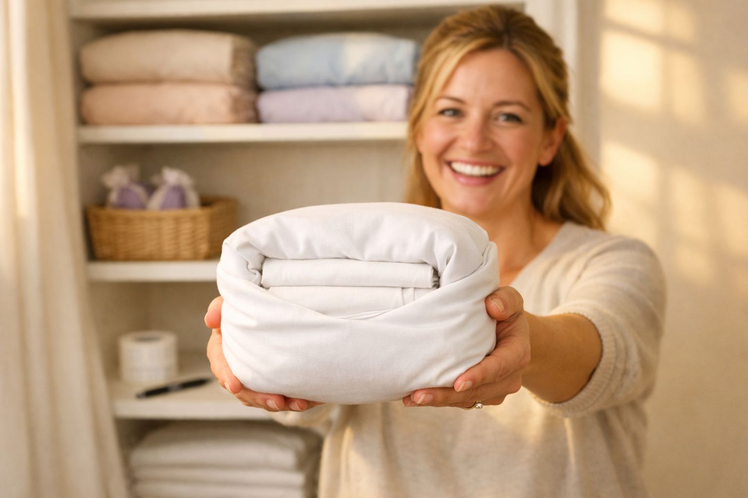 Mulher sorridente segurando um conjunto de roupas de cama brancas dobradas em direção à câmera.