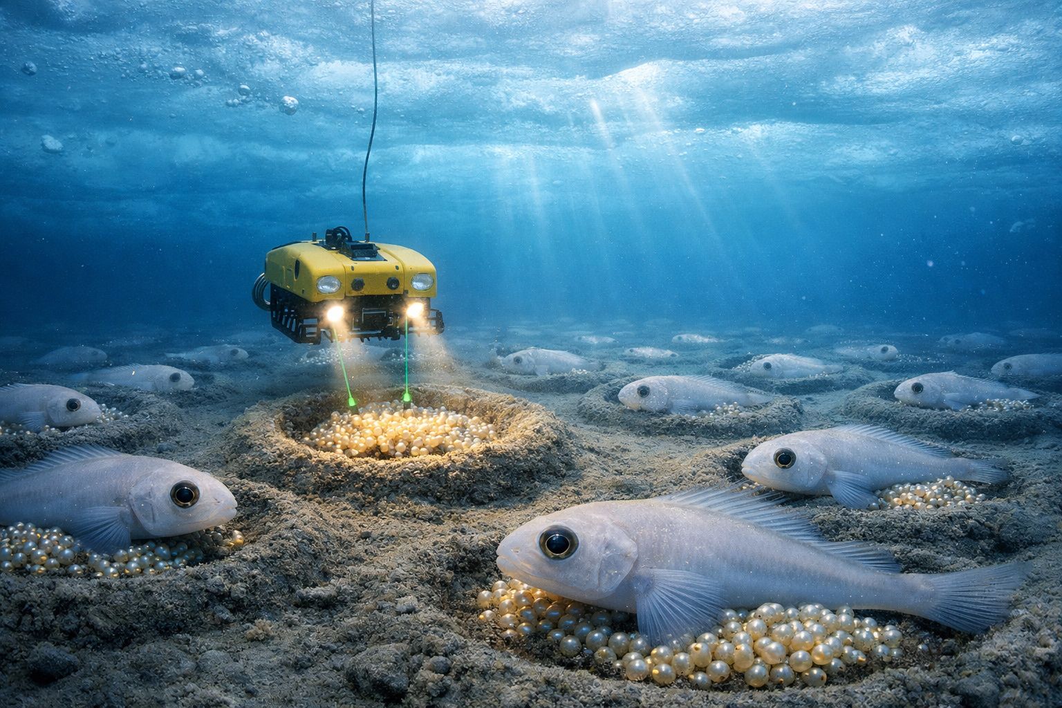 Veículo subaquático amarelo explorando ovos de peixes no fundo do mar sob luz solar filtrada.