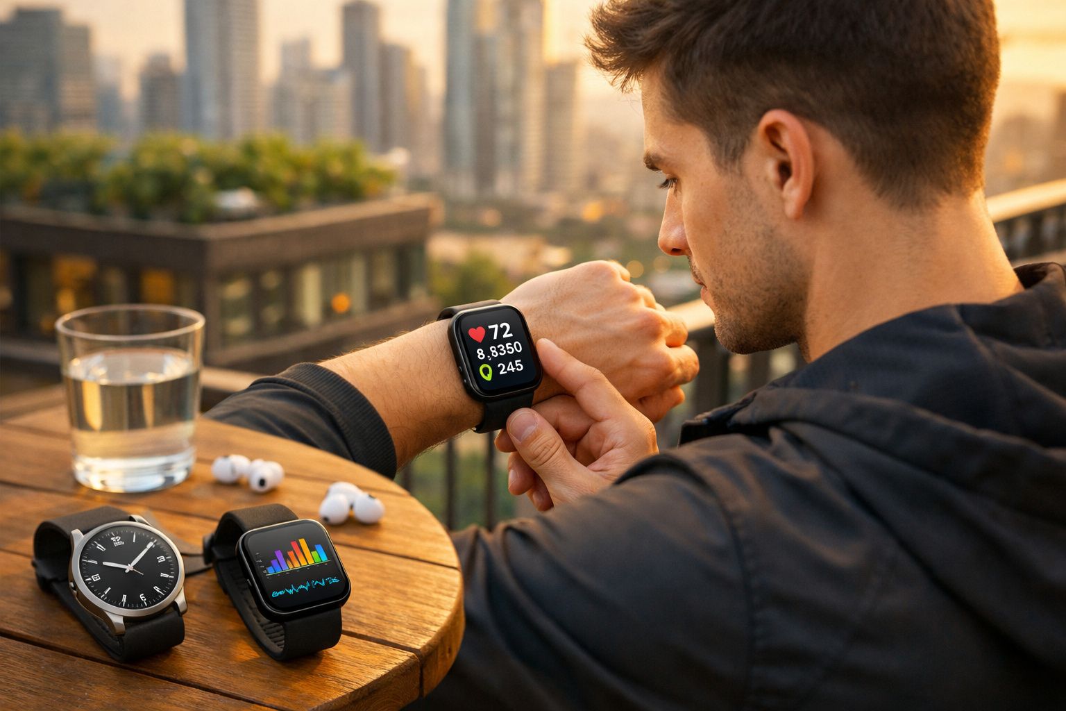Homem olhando relógio inteligente com dados de saúde, mesa com dois relógios e copo de água ao fundo.