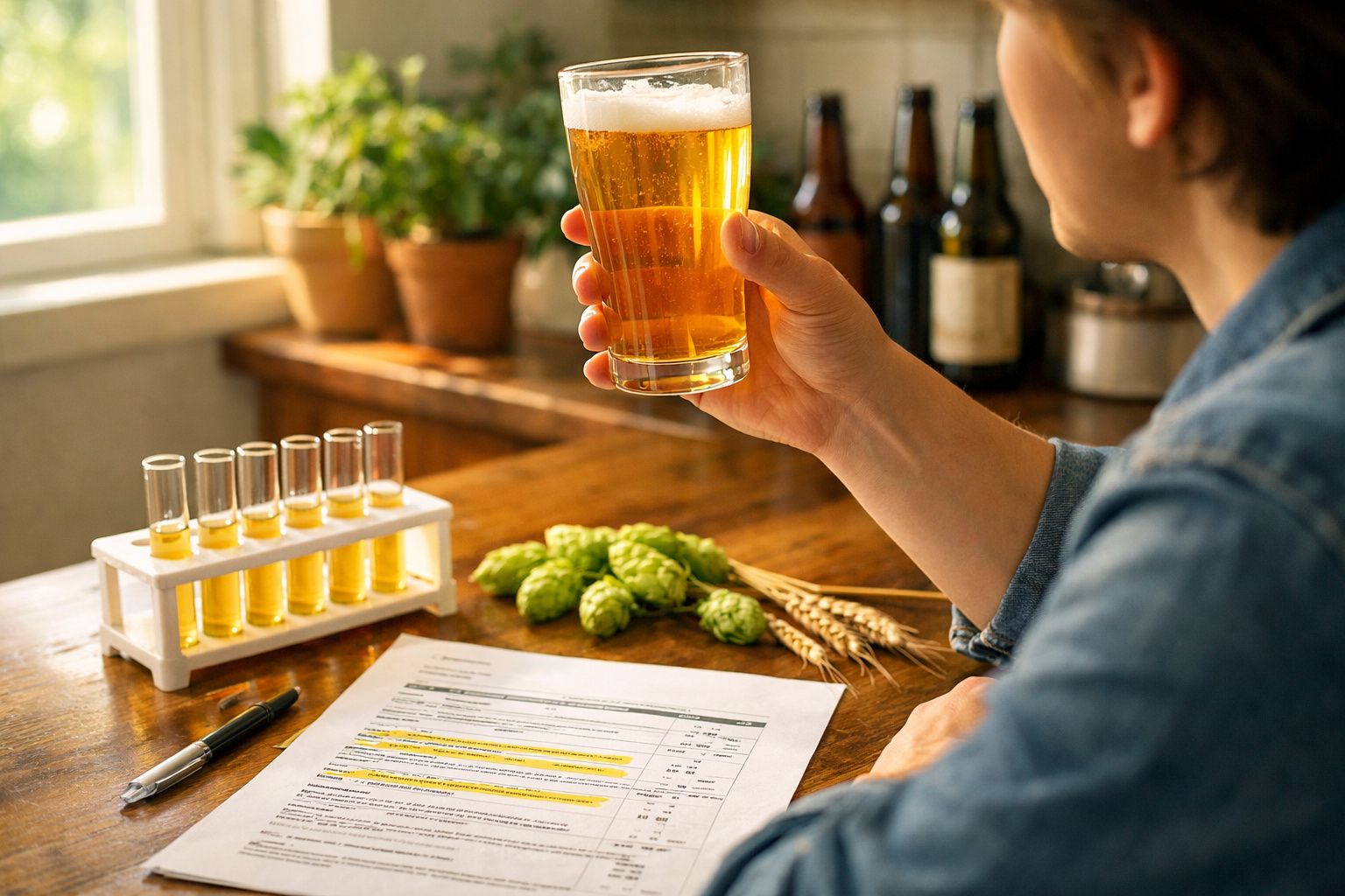 Pessoa segurando copo de cerveja em ambiente com lupulo, amostras em tubos de ensaio e documentos em mesa de madeira.