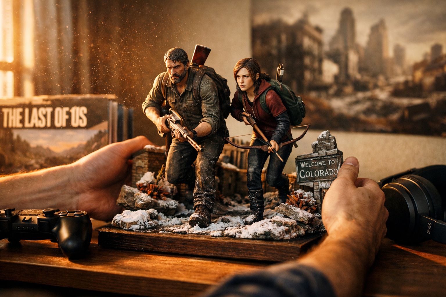 Figuras detalhadas de Joel e Ellie do jogo The Last of Us II em cenário de neve sendo seguradas por mãos.