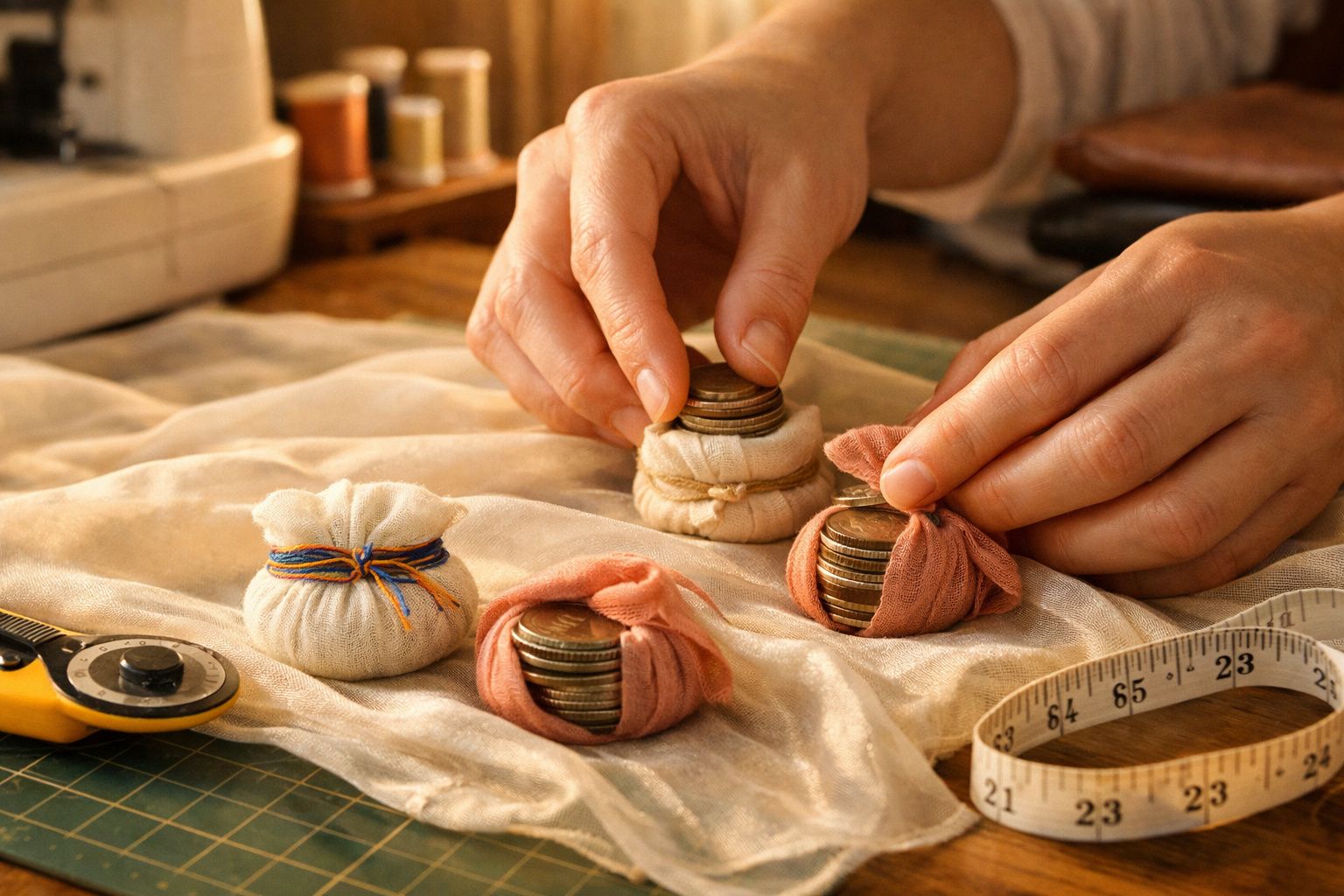Mãos organizando moedas sobre tecidos e sacos de pano em uma mesa com fita métrica e cortador de tecido.