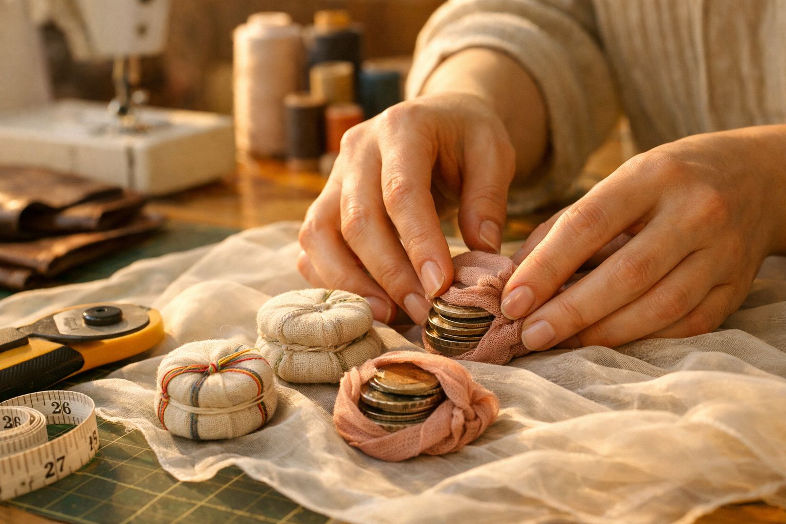 Mãos organizando moedas envoltas em pequenos tecidos sobre mesa com material de costura.