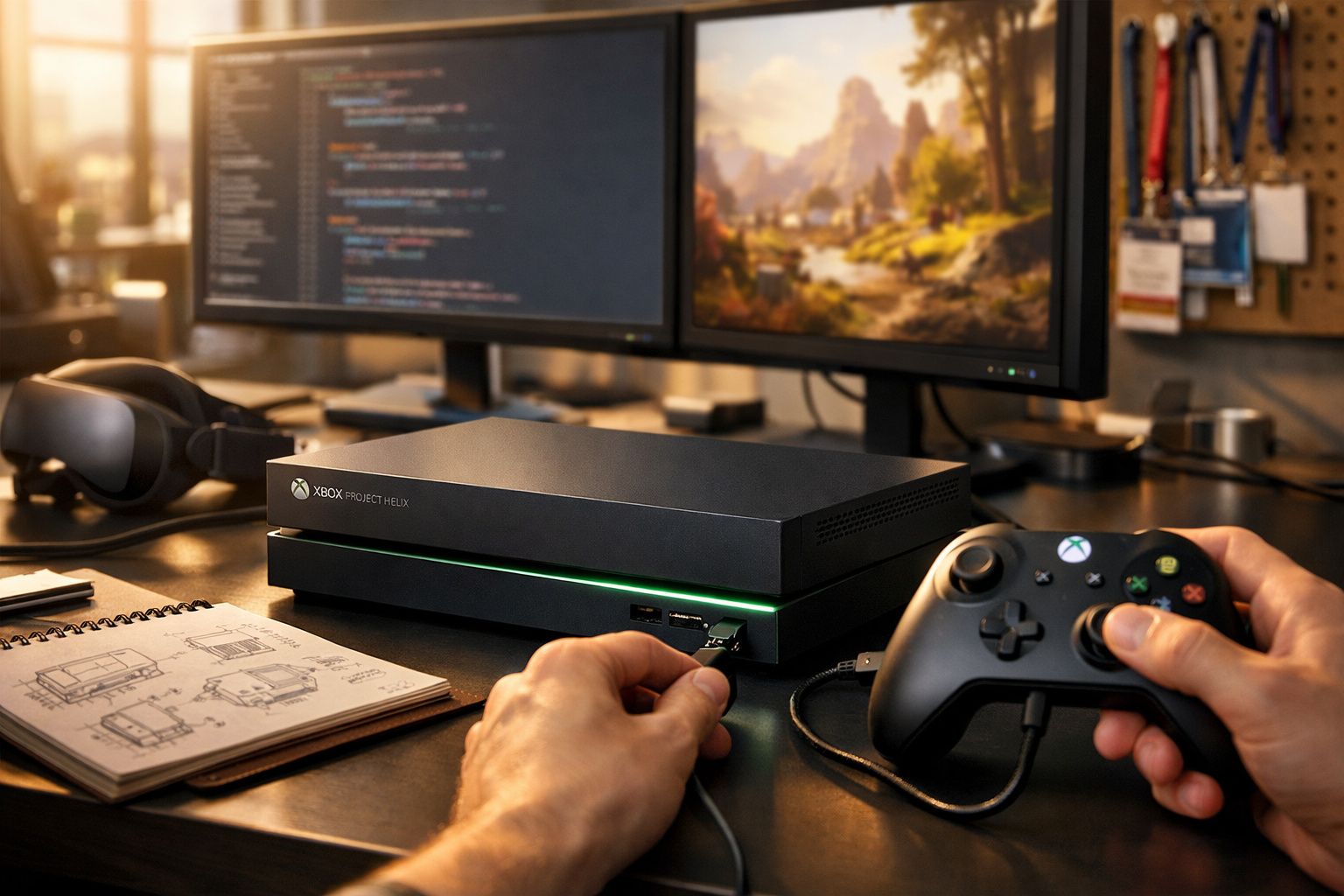 Console Xbox Project Helix com controle e computador com códigos e jogo em duas telas na mesa.