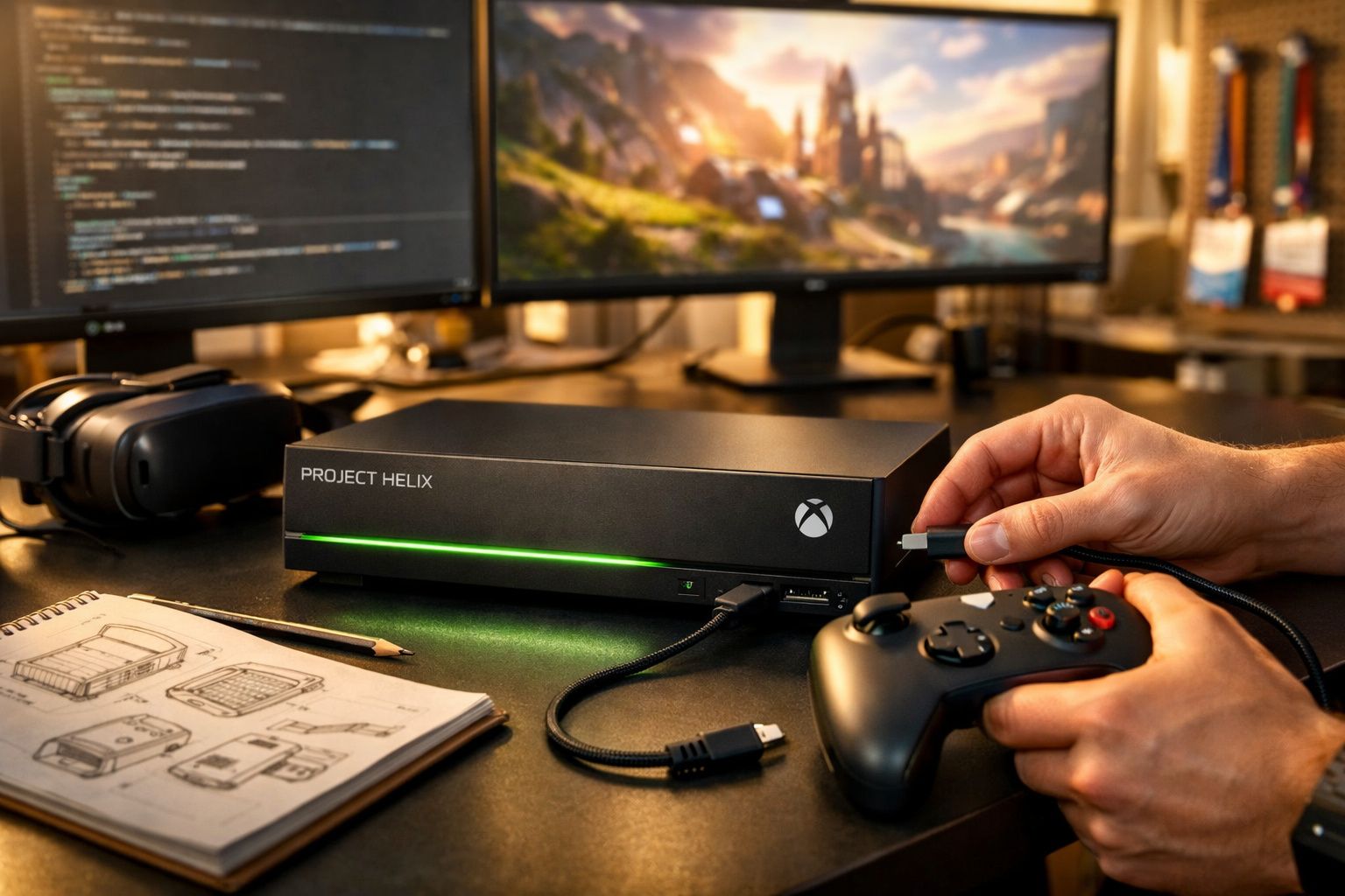Mãos conectando controle a console Project Helix Xbox com telas e fones ao fundo em ambiente de trabalho.