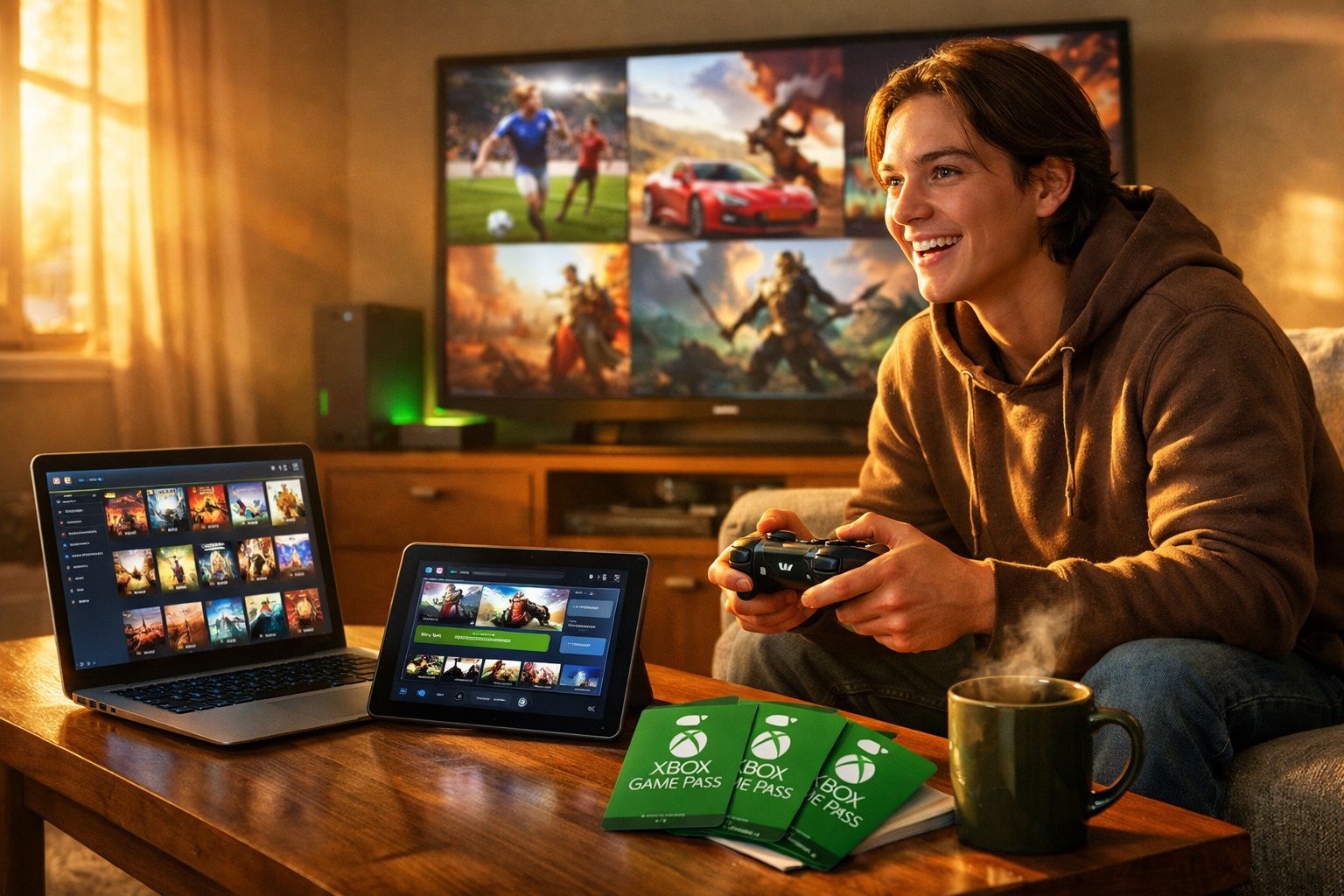 Jovem jogando videogame em sofá, com laptop, tablet, cartões Xbox Game Pass e caneca na mesa.