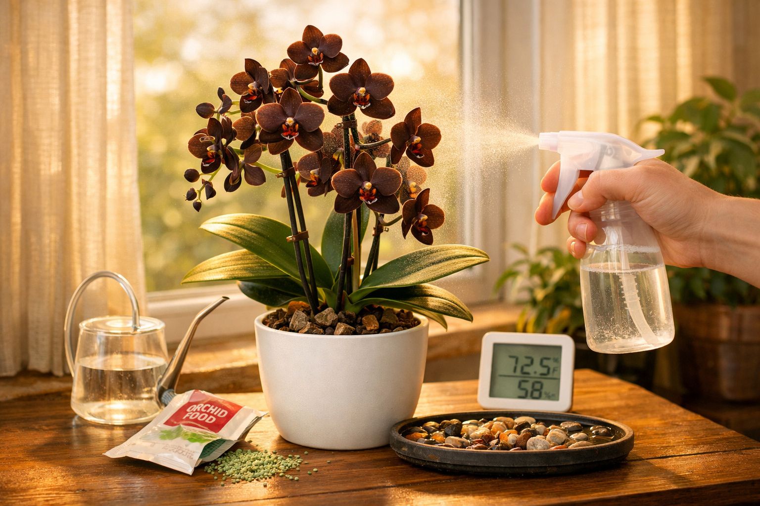 Orquídea roxa em vaso branco sendo borrifada com água em ambiente interno iluminado.